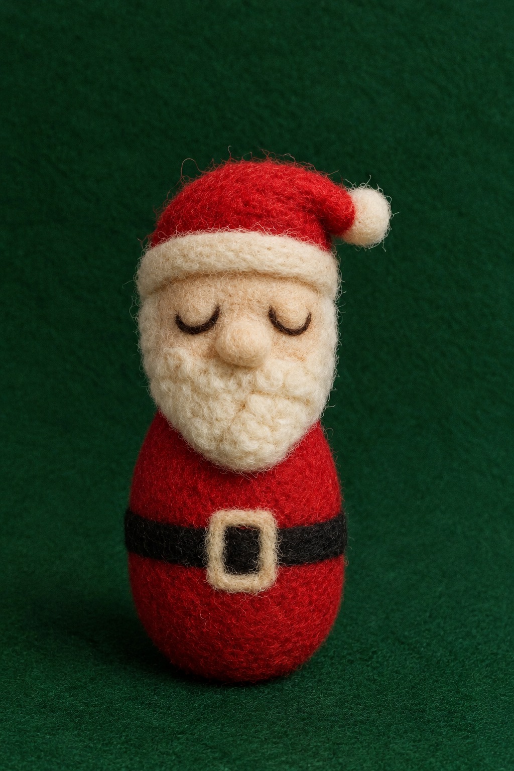Papai Noel artesanal em lã feltrada, com roupa vermelha e cinto